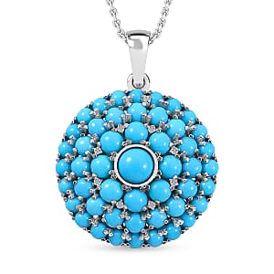 Premium Sleeping Beauty Turquoise, White Zircon Cocktail Pendant Necklace (18 Inches) in Platinum Over Sterling Silver 10.20 ctw