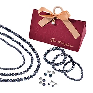 Set with Bow Ribbon Ivory Packaging 9pcs Set Tahitian Color Constituted Shell Pearl Stretch Bracelet, Earrings and Necklace (20-22 Inches) in Stainless Steel