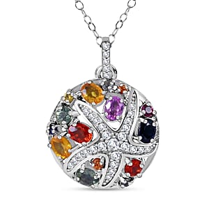 Rainbow Sapphire, White Zircon Star Fish Pendant Necklace (18 Inches) in Platinum Over Sterling Silver 2.50 ctw
