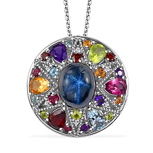 Blue Star Sapphire (DF), Multi Gemstone Celestial Rainbow Medallion Coin Pendant Necklace (20 Inches) in Platinum Over Sterling Silver 10.00 ctw