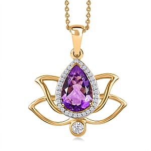 Mother's Day Gift Moroccan Amethyst, Moissanite Mother's Day Gift Lotus Flower Pendant Necklace (20 Inches) in Vermeil YG Over Sterling Silver 3.15 ctw