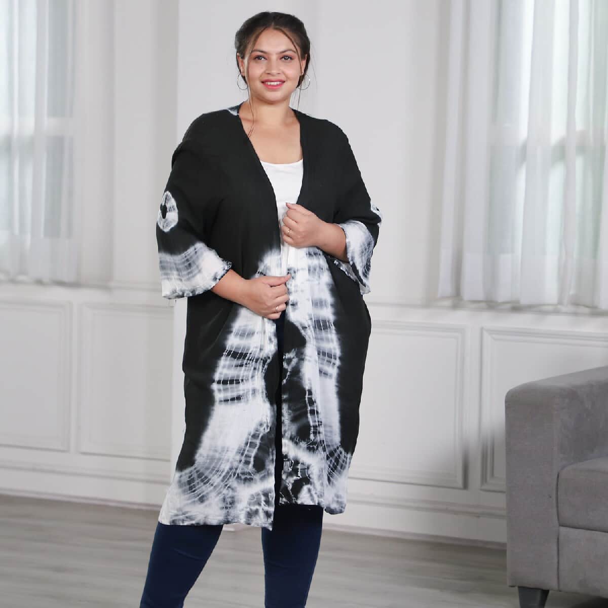 Black and White Tie Dye Kimono Duster with Bell Sleeves - One Size Fits Most image number 1