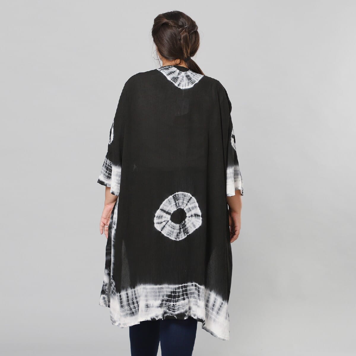 Black and White Tie Dye Kimono Duster with Bell Sleeves - One Size Fits Most image number 2