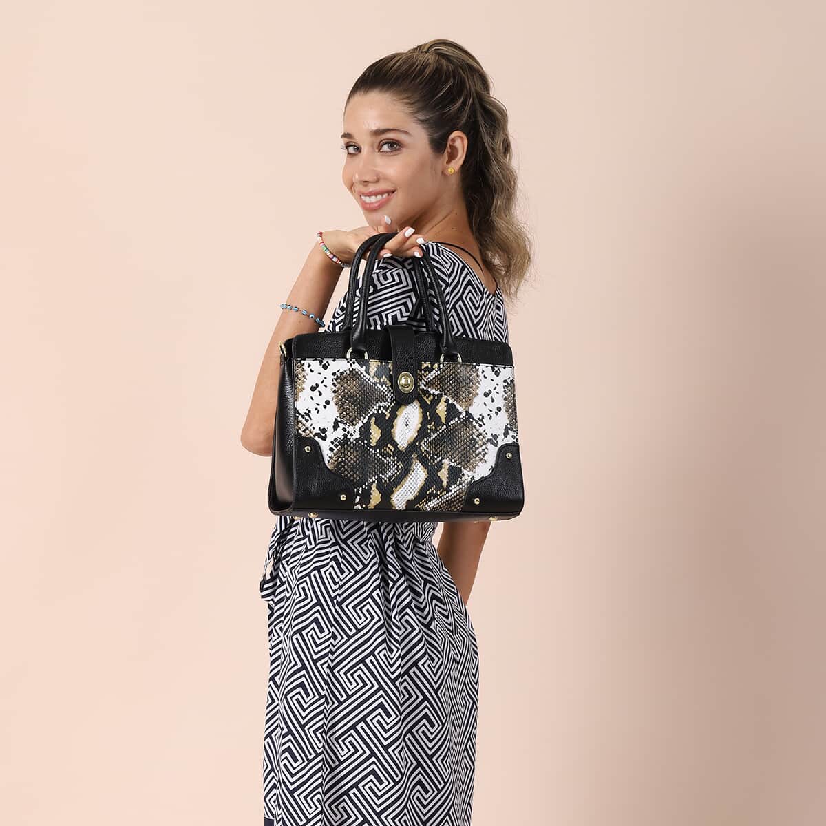 Black and Brown Snake Print Genuine Leather Convertible Tote Bag for Women | Purses | Satchel Purse | Shoulder Handbag | Designer Tote Handbag image number 1