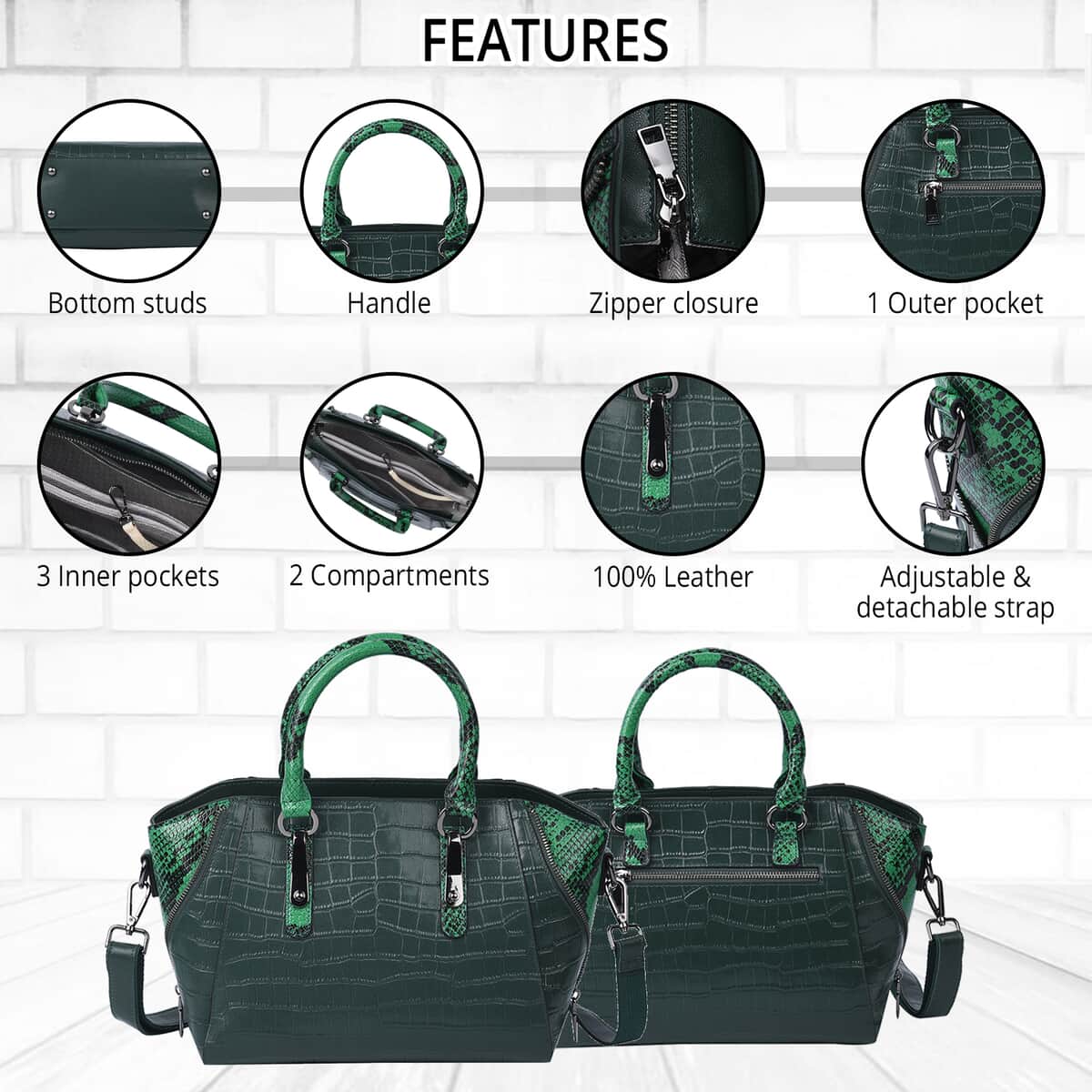 Passage Green Crocodile & Snakeskin Pattern Genuine Leather Tote Bag for Women| Satchel Purse| Shoulder Handbag image number 2