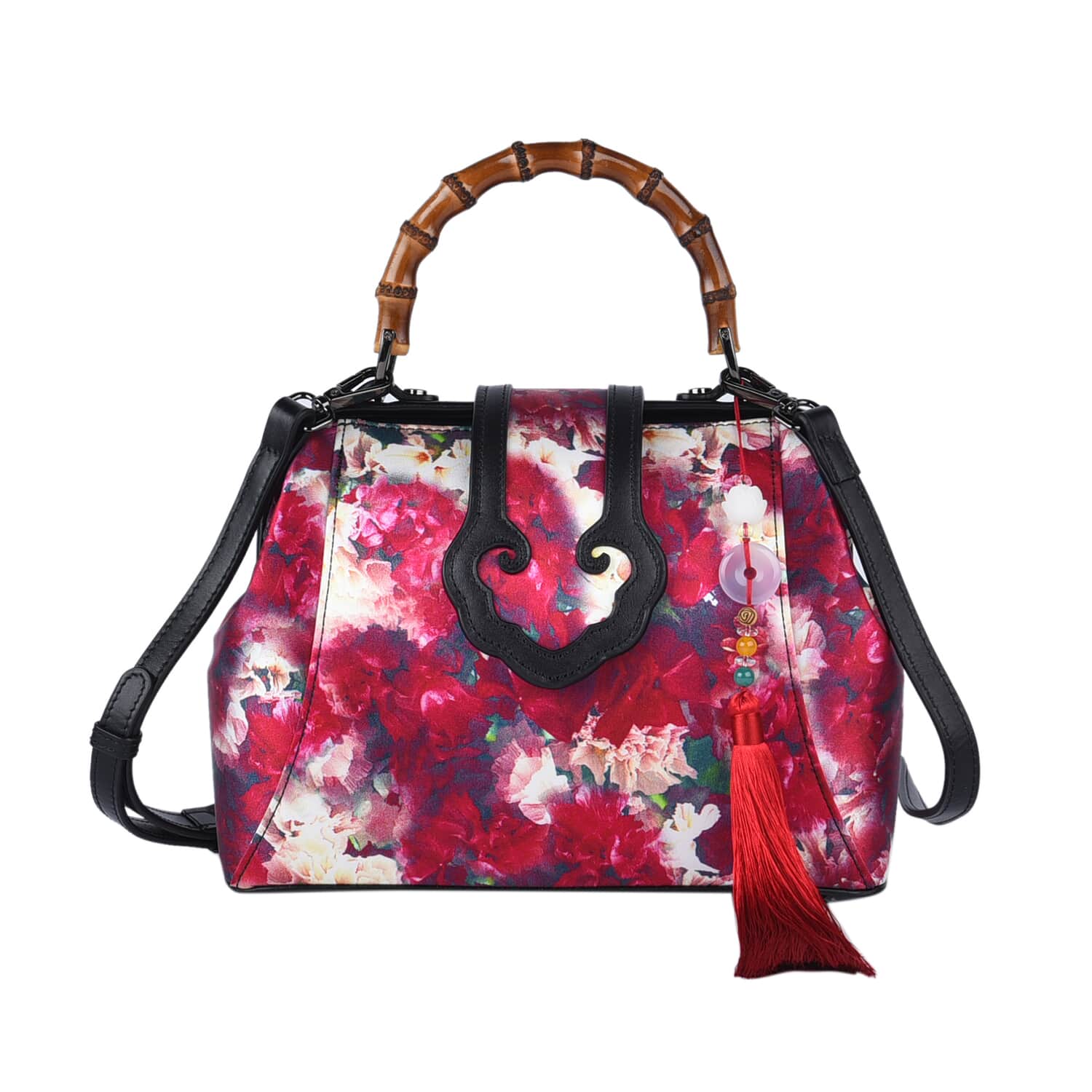 Pink Floral Pattern Silk and Genuine Leather Tote Bag for Women with Bamboo  Handle Drop| Satchel Purse| Shoulder Handbag