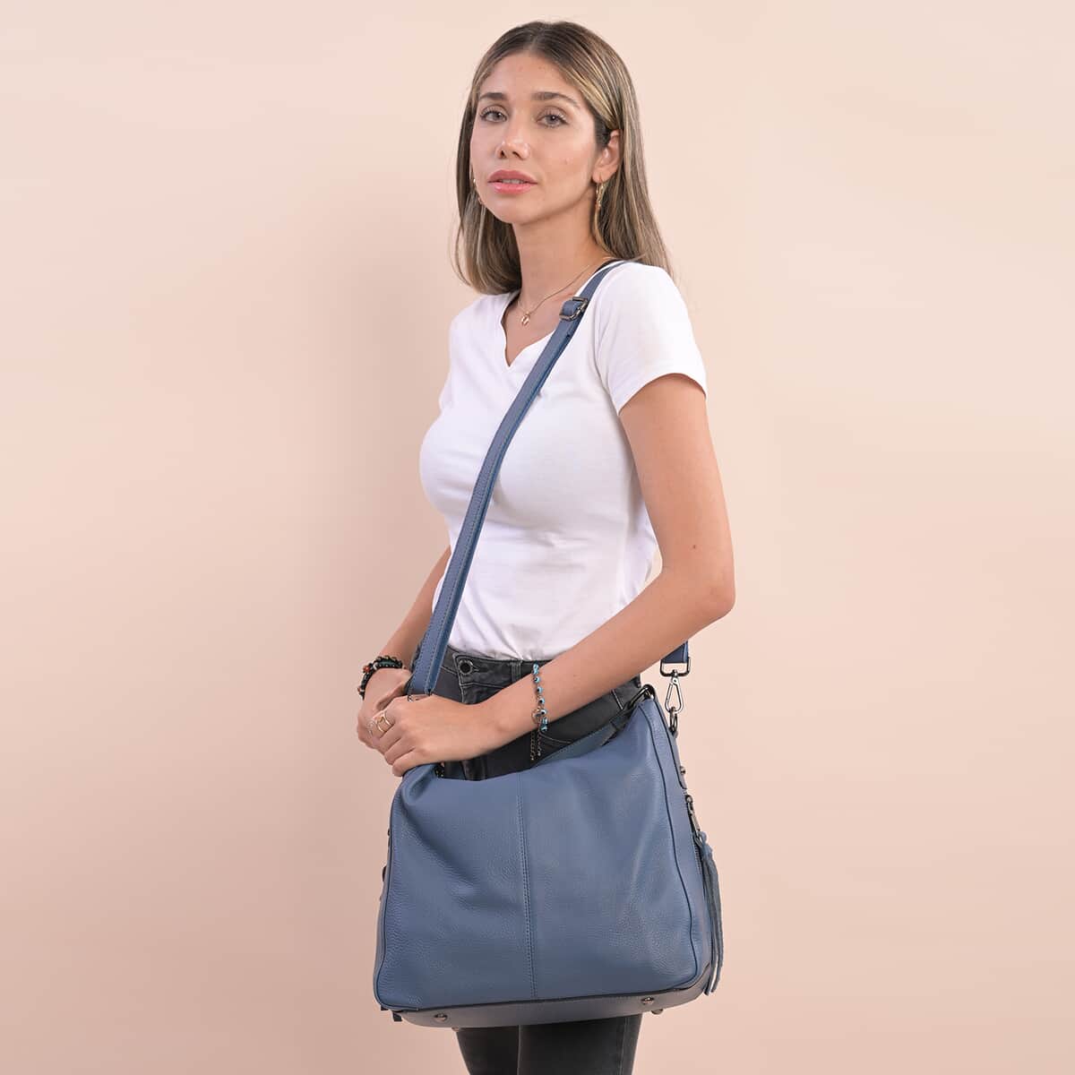 Navy Genuine Leather Hobo Bag with Swivel Lever Snap for Holding The Keys image number 1