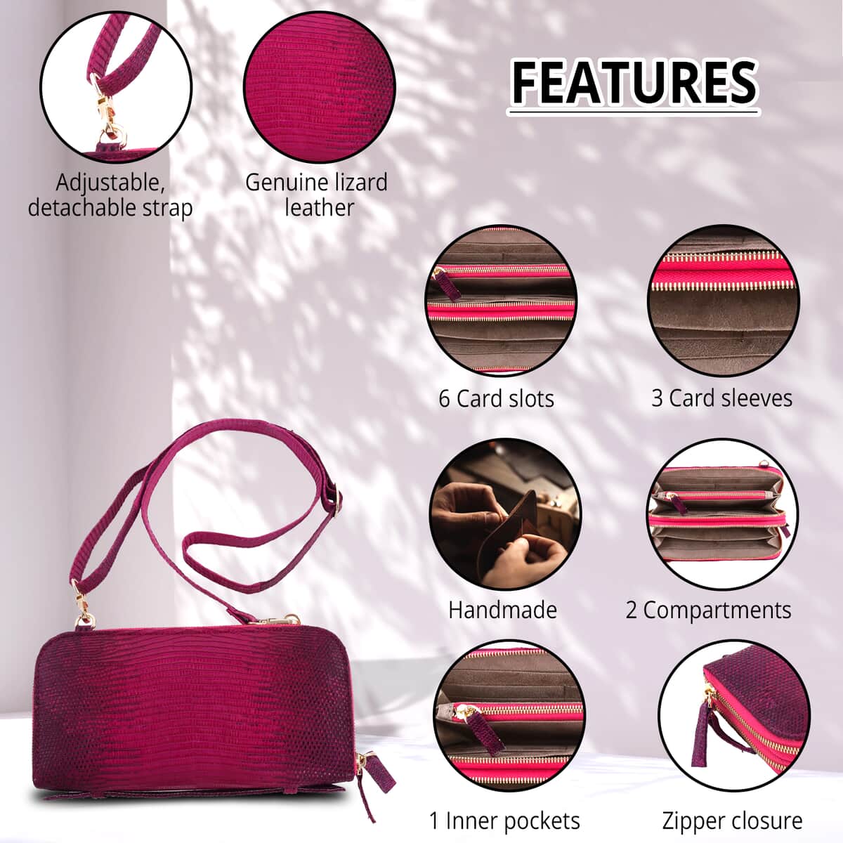 Grand Pelle Lizard Collection Handmade 100% Genuine Lizard Leather Pink Color Crossbody Wallet image number 1