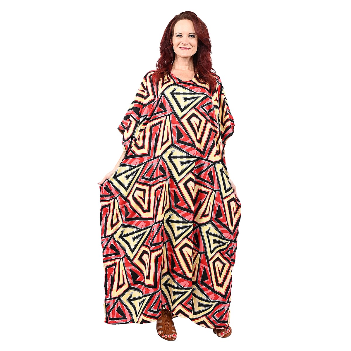 Buy Winlar Red Triangle Print VNeck Long Microfiber Kaftan Dress One
