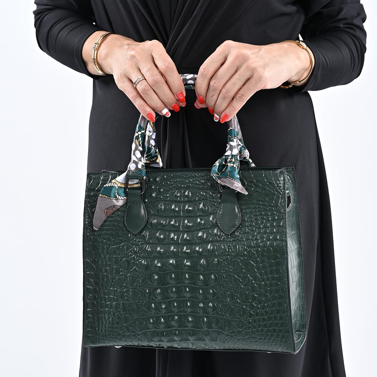 Buy Green Croco Embossed Genuine Leather Tote Bag with Handle Drop and ...