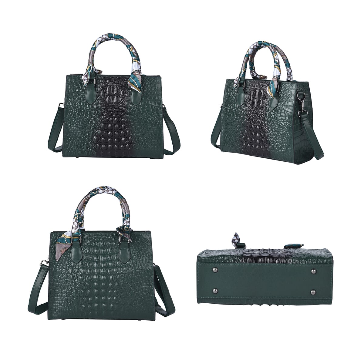 Buy Green Croco Embossed Genuine Leather Tote Bag with Handle Drop and ...