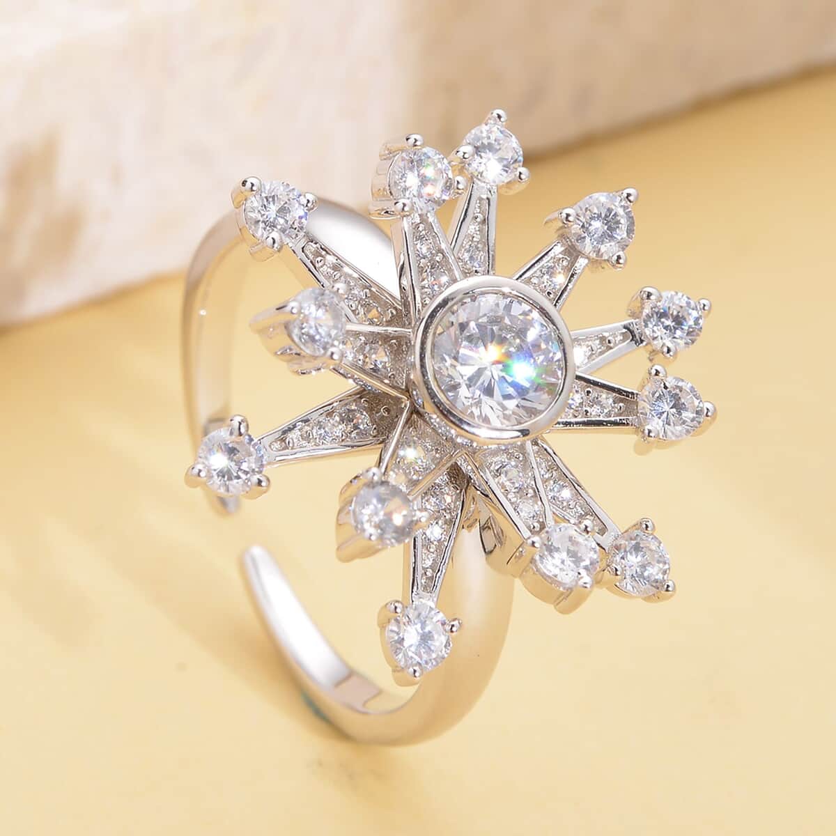 Simulated Diamond Snowflake Spinner Ring in Rhodium Over Sterling Silver (Adjustable Size 6-8) 1.60 ctw image number 1