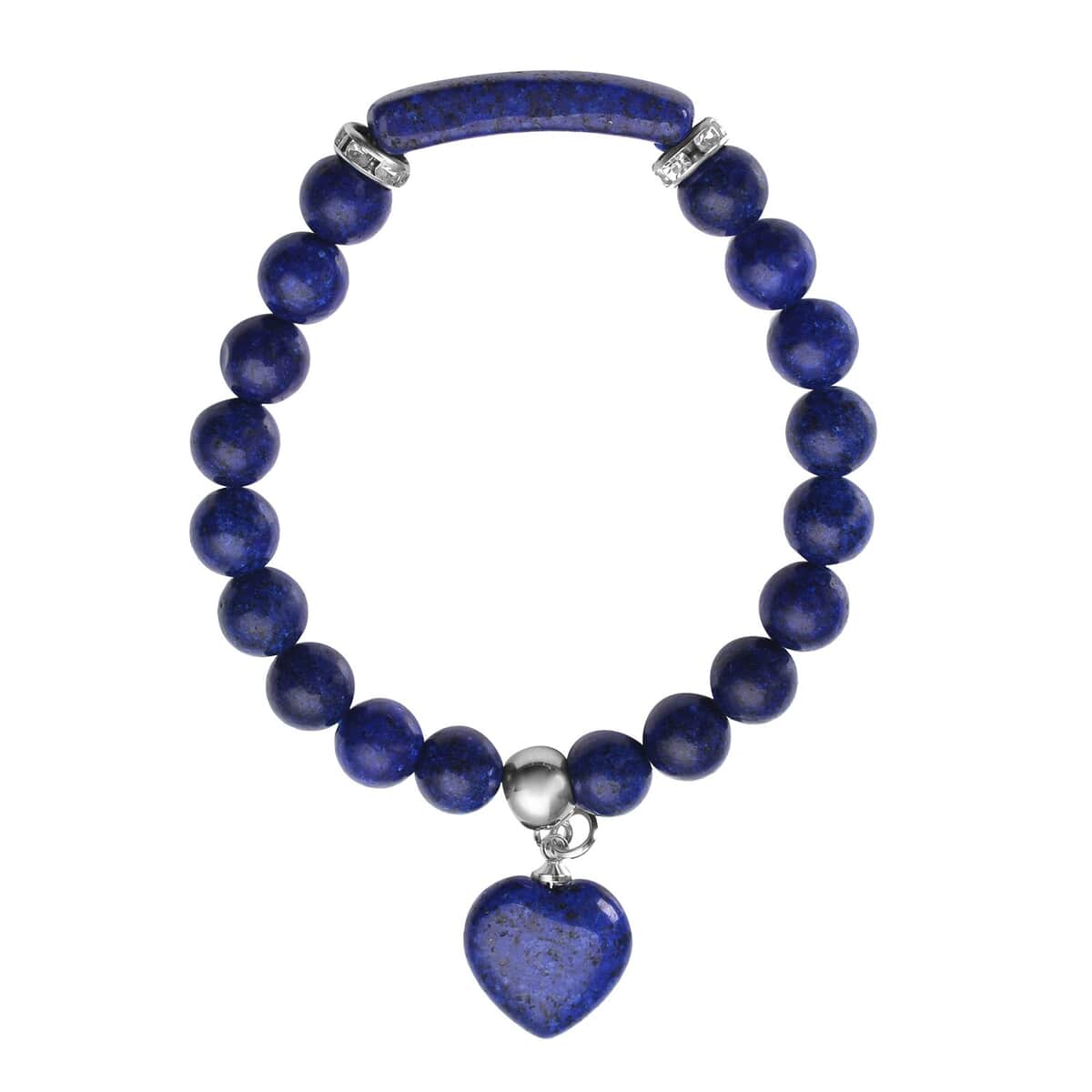 Lapis Lazuli and Austrian Crystal Stretchable Beaded Heart Charm Bracelet in Stainless Steel 94.00 ctw image number 0