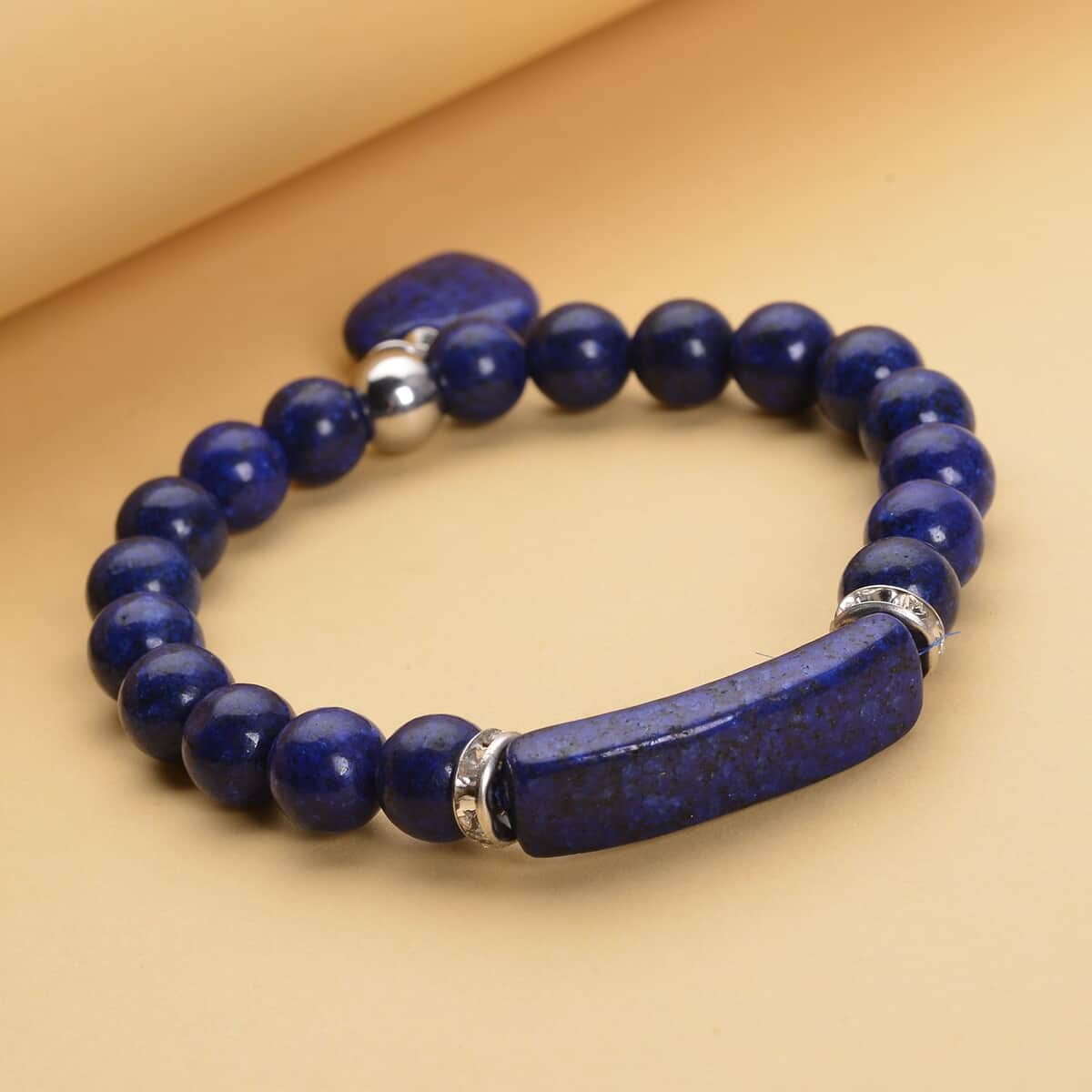 Lapis Lazuli and Austrian Crystal Stretchable Beaded Heart Charm Bracelet in Stainless Steel 94.00 ctw image number 1