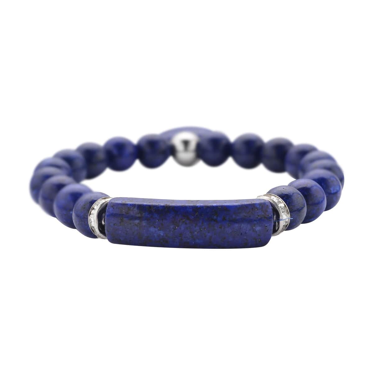 Lapis Lazuli and Austrian Crystal Stretchable Beaded Heart Charm Bracelet in Stainless Steel 94.00 ctw image number 2