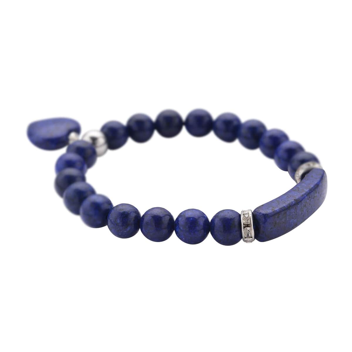 Lapis Lazuli and Austrian Crystal Stretchable Beaded Heart Charm Bracelet in Stainless Steel 94.00 ctw image number 3