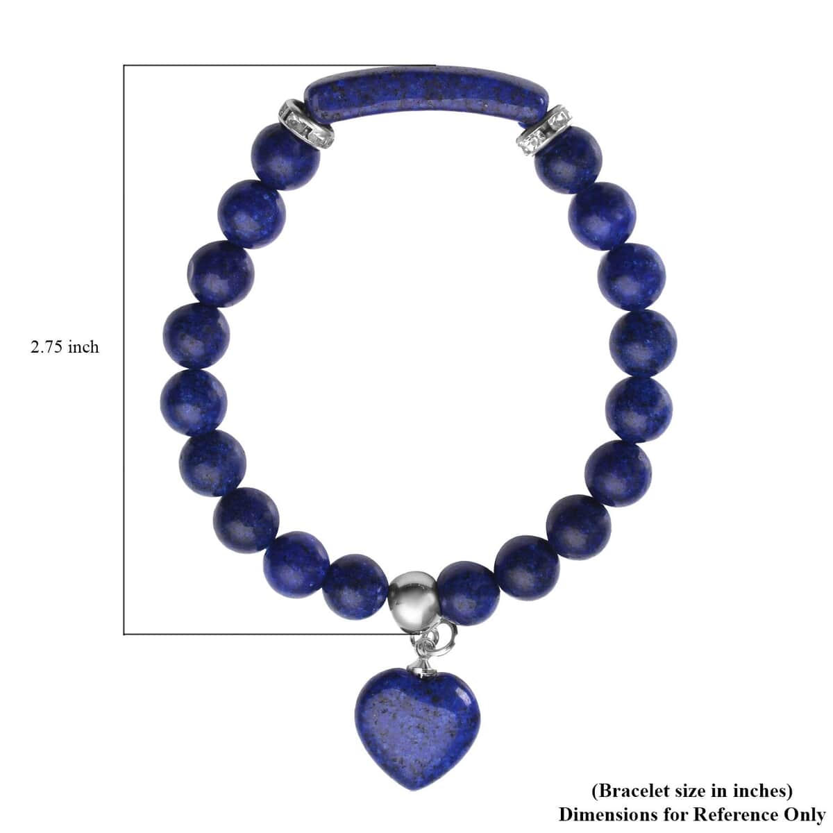Lapis Lazuli and Austrian Crystal Stretchable Beaded Heart Charm Bracelet in Stainless Steel 94.00 ctw image number 4