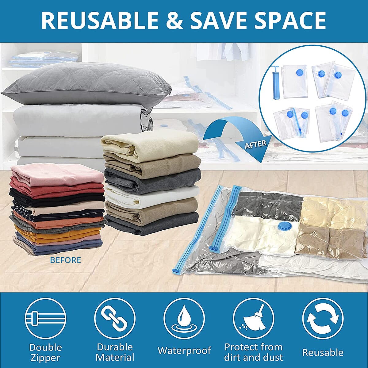 Buy Vacuum Compression Storage Bags with Hand Pump 7 Packs in 4 Sizes