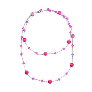 Fuchsia Drusy Quartz, Fuchsia Glass Beaded Station Necklace (43-45 Inches) in Silvertone 126.00 ctw