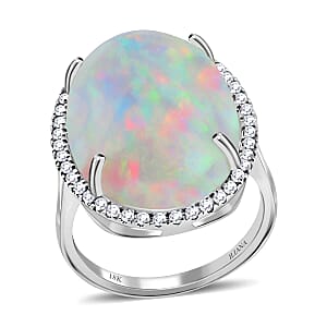 Certified & Appraised Iliana 18K White Gold AAA Ethiopian Welo Opal, Diamond (G-H, SI) (0.54 cts) Halo Ring (Size 8.0) (4.60 g) 13.40 ctw