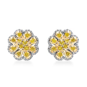 Yellow Diamond (IR) Floral Stud Earrings in Rhodium & Platinum Over Sterling Silver 0.25 ctw