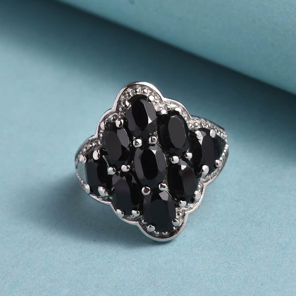 Natural Thai Black Spinel Cluster Ring in Stainless Steel 5.40 ctw image number 1