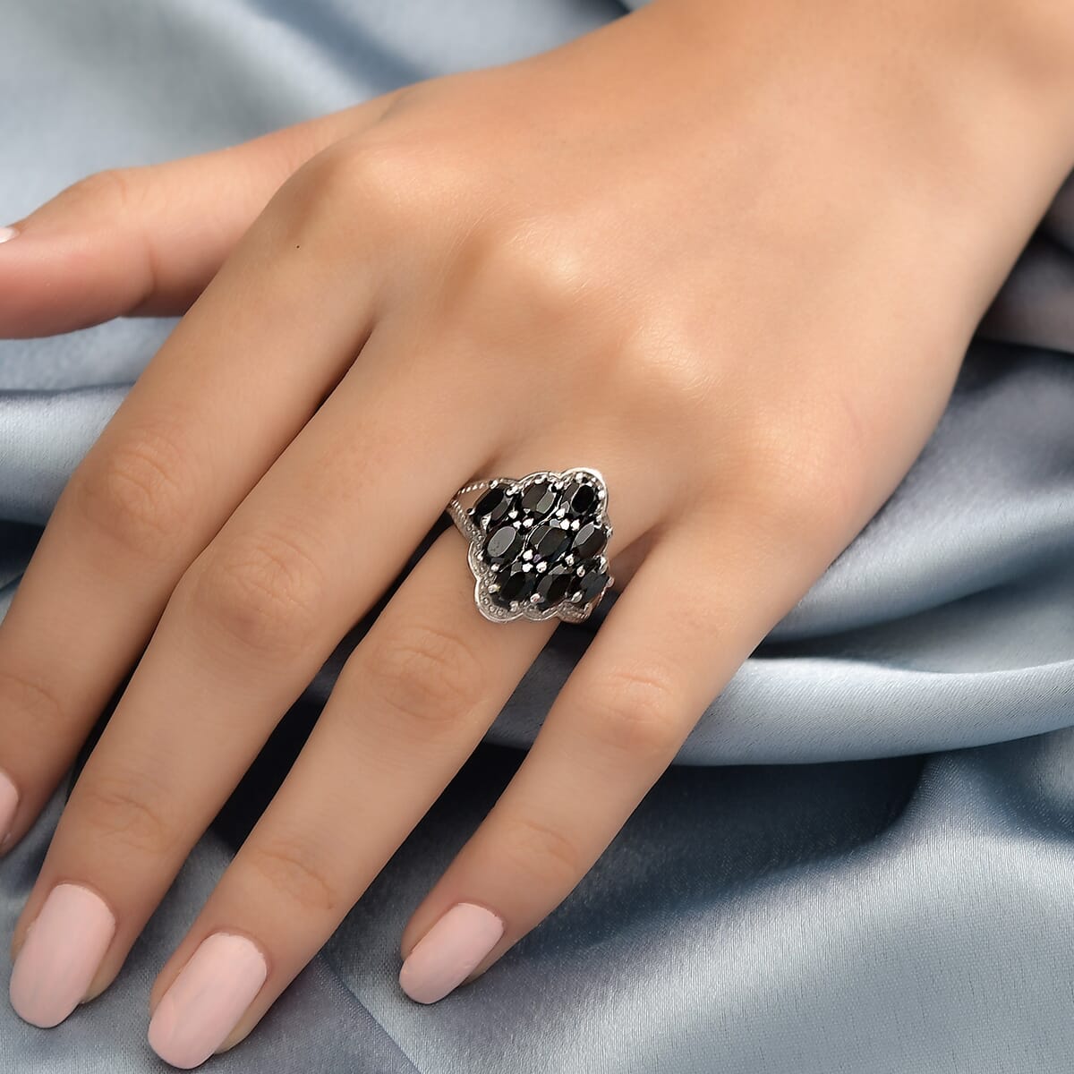 Natural Thai Black Spinel Cluster Ring in Stainless Steel 5.40 ctw image number 2
