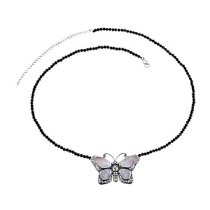 Bali Legacy Mother of Pearl, Thai Black Spinel Beaded Butterfly Necklace (20 Inches) with Extender in Sterling Silver 25.00 ctw