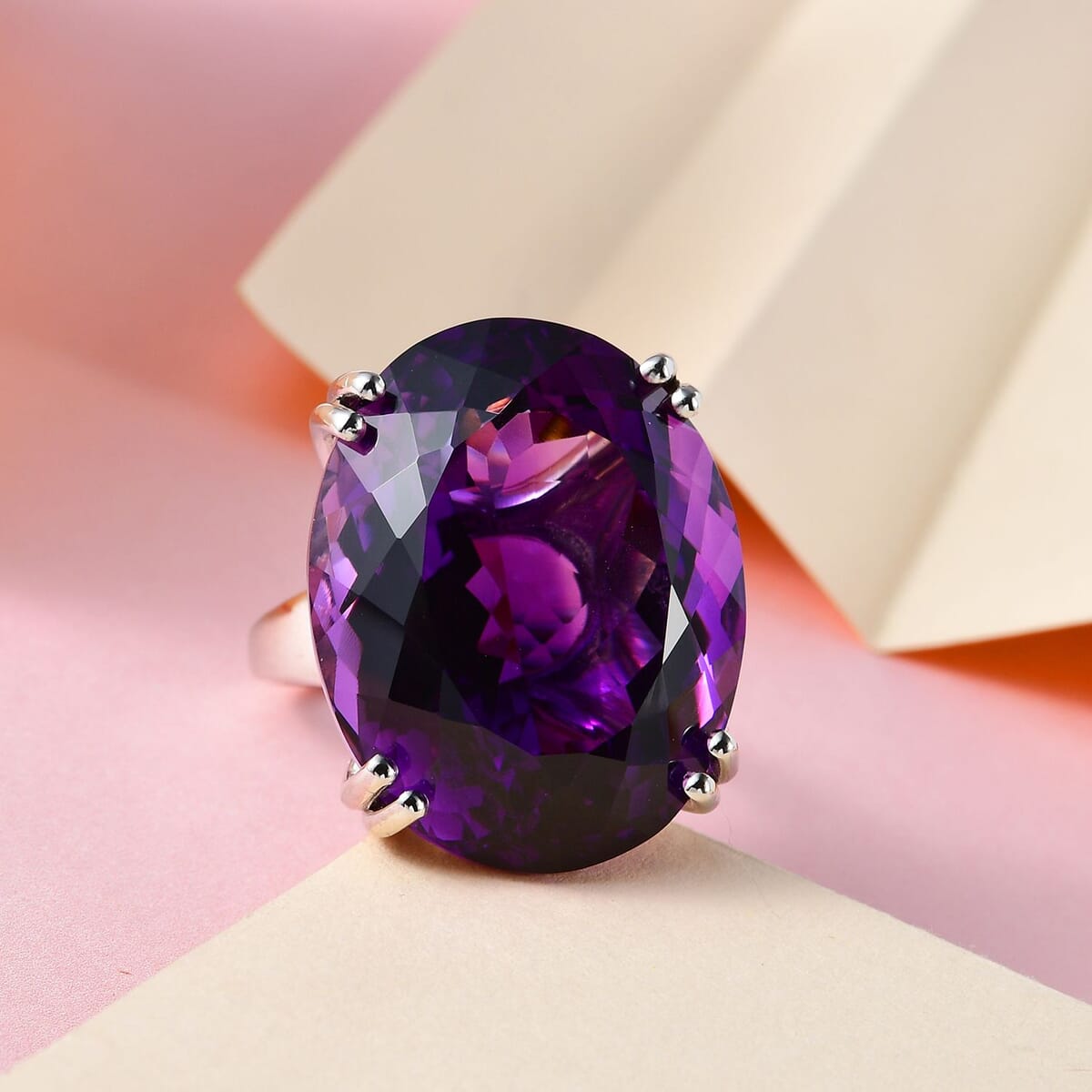 Amethyst Solitaire Ring in Platinum Over Sterling Silver, Cocktail Ring For Women (Size 6.0) 48.25 ctw image number 1