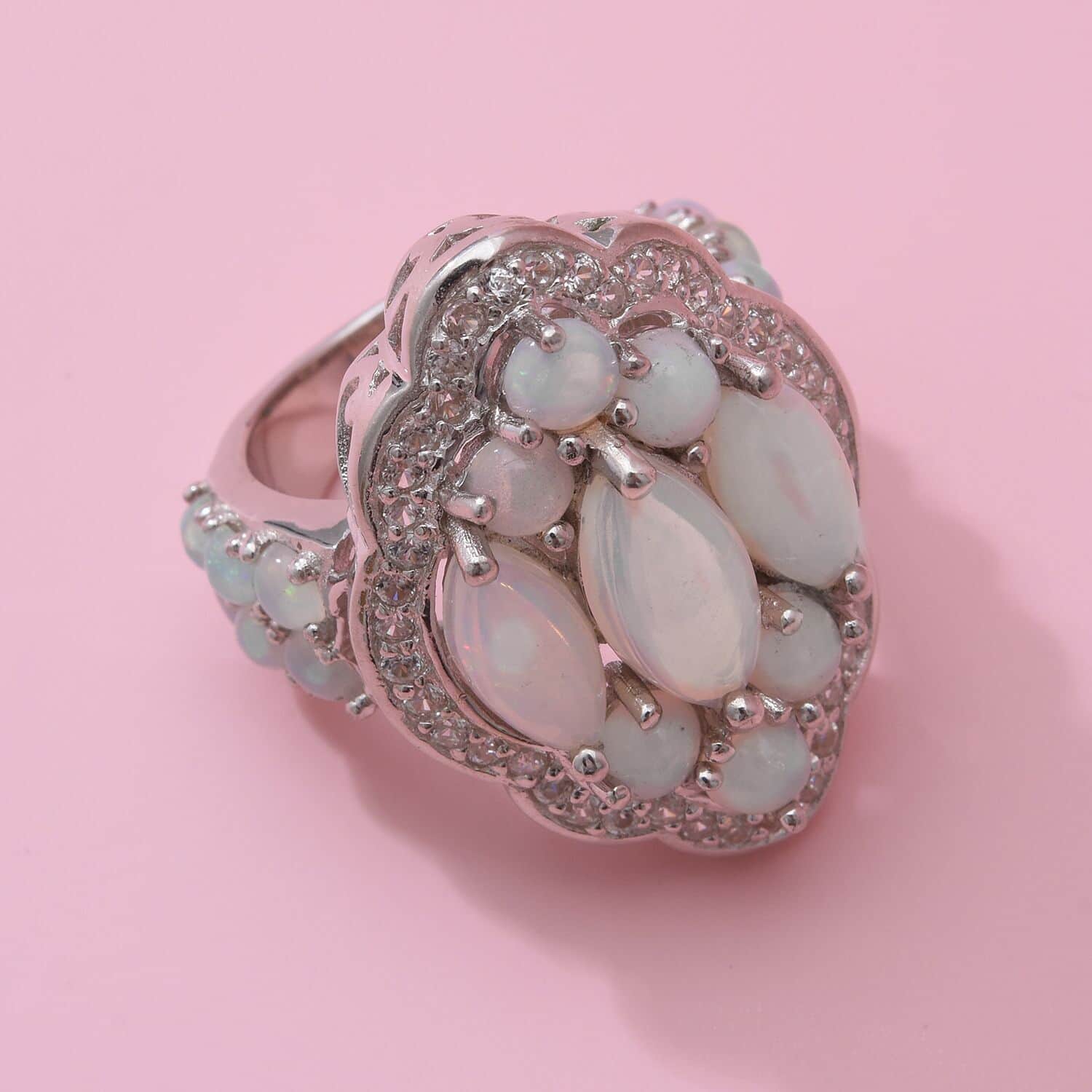 ジビエ Sterling Silver Ethiopian Opal and Created Pink Sapphire Oval Flower R 