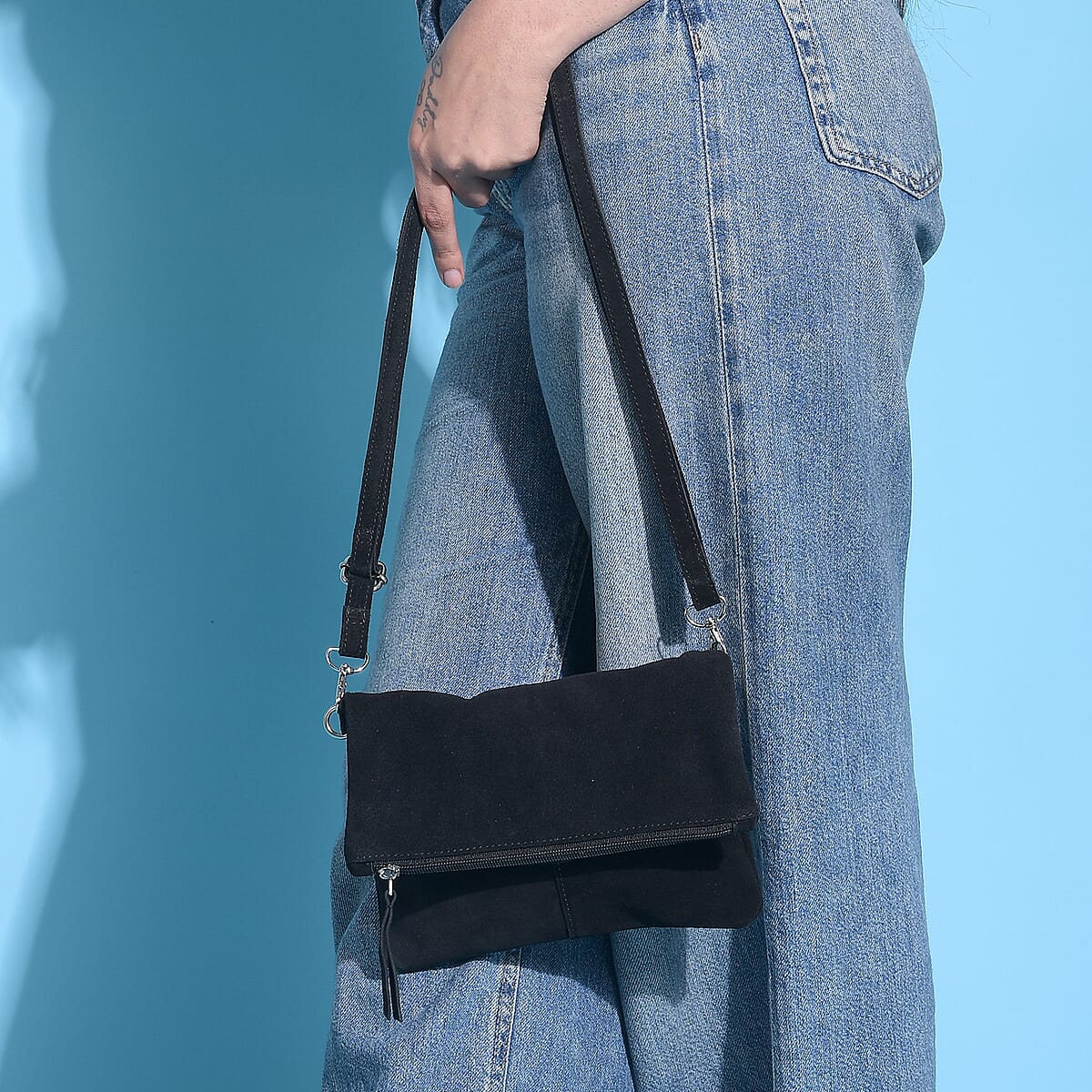 Buy Black Suede Genuine Leather Crossbody Bag at ShopLC.