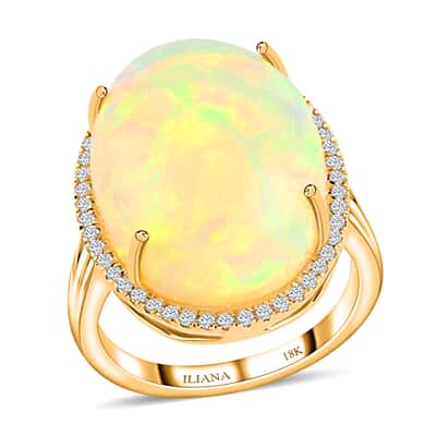 Certified Iliana 18K Yellow Gold AAA Ethiopian Welo Opal and G-H SI Diamond Ring (Size 8.0) 7.85 Grams 12.85 ctw