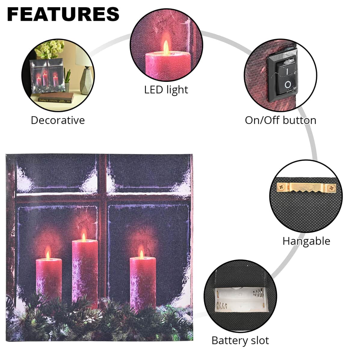 Multi Color Canvas 3-LED Night Candle Christmas Painting (2xAA Battery Not Included) image number 2