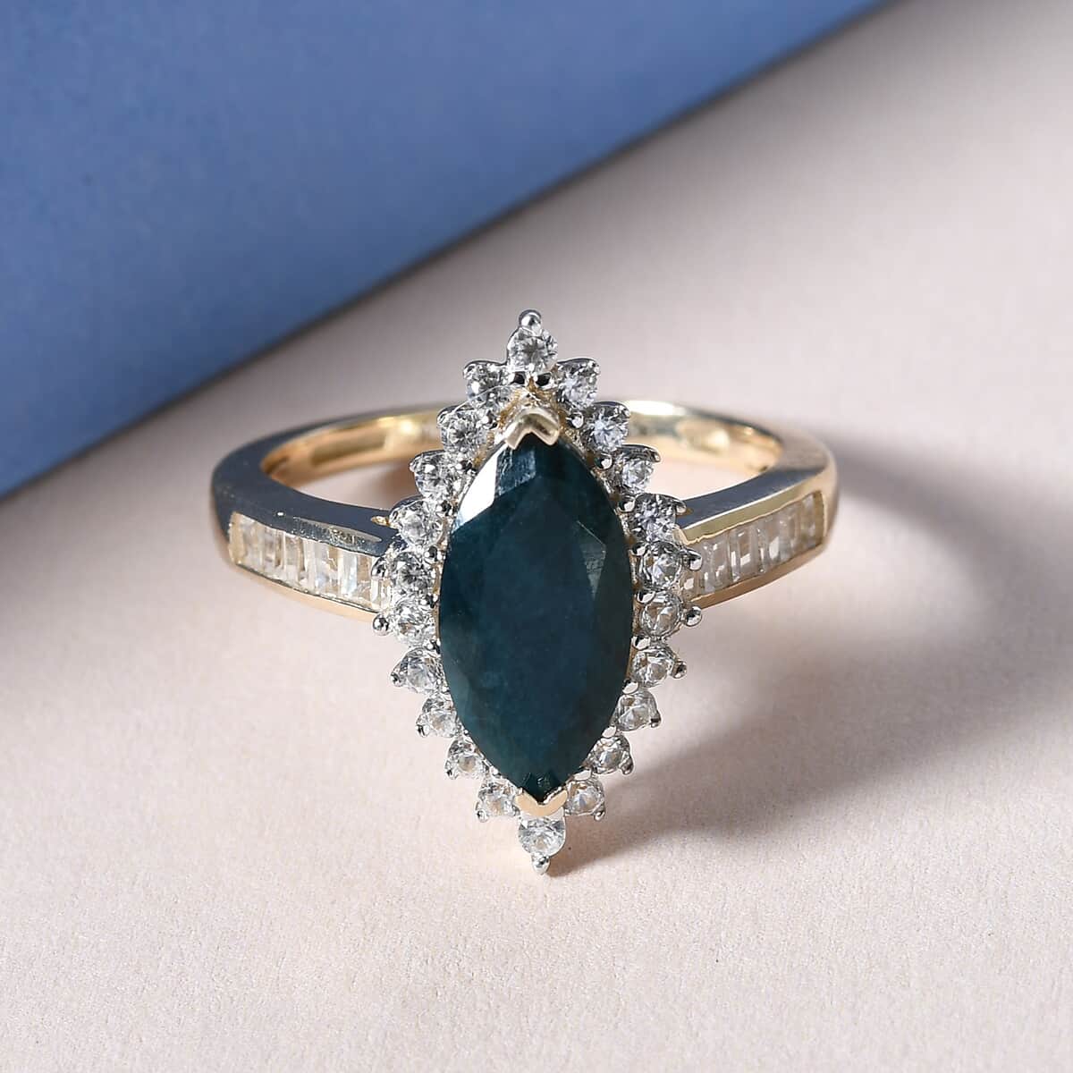 Luxoro 10K Yellow Gold AAA Teal Grandidierite and White Zircon Halo Ring (Size 10.0) 2.65 ctw image number 1