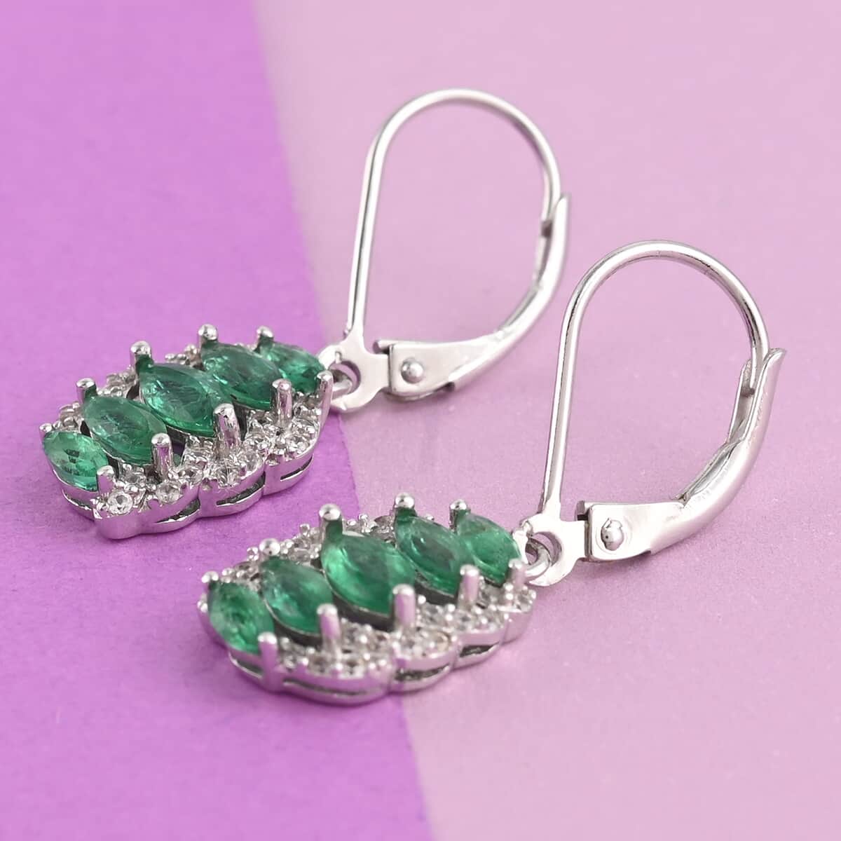 AAA Kagem Zambian Intense Green Emerald and Natural White Zircon Earrings in Rhodium Over Sterling Silver 1.50 ctw image number 1