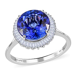 Rhapsody 950 Platinum AAAA Tanzanite, Diamond (E-F, VS2) (0.35 cts) Halo Ring (Size 5.0) (4.40 g) 3.50 ctw