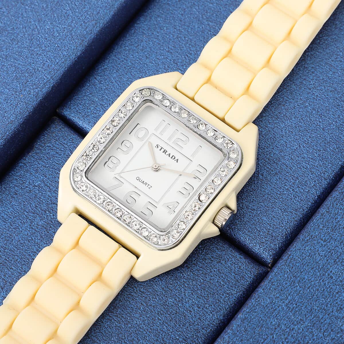 STRADA White Austrian Crystal Japanese Movement Ladies Watch White Square Dial and Chestnut Silicone Strap image number 1