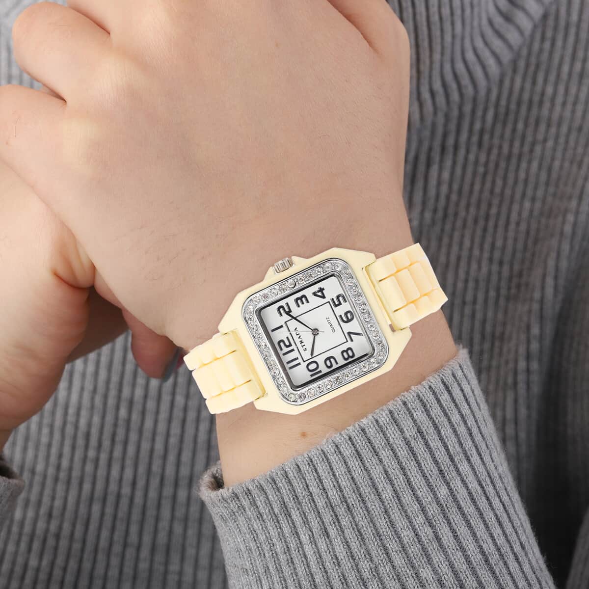 STRADA White Austrian Crystal Japanese Movement Ladies Watch White Square Dial and Chestnut Silicone Strap image number 2