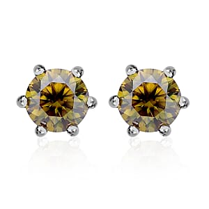 Olive Green Moissanite (Rnd 6.5mm) Solitaire Stud Earrings in Rhodium Over Sterling Silver 1.90 ctw