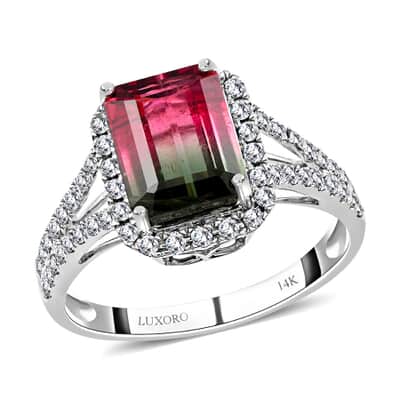 Certified Luxoro 14K White Gold AAA Bi-Color Tourmaline and G-H I2 Diamond Split Shank Ring (Size 8.0) 3.70 ctw