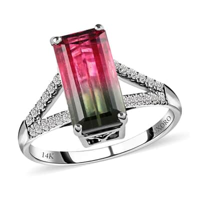 Certified & Appraised Luxoro 14K White Gold AAA Bi-Color Tourmaline and G-H I2 Diamond Split Shank Ring (Size 7.0) 3.85 ctw