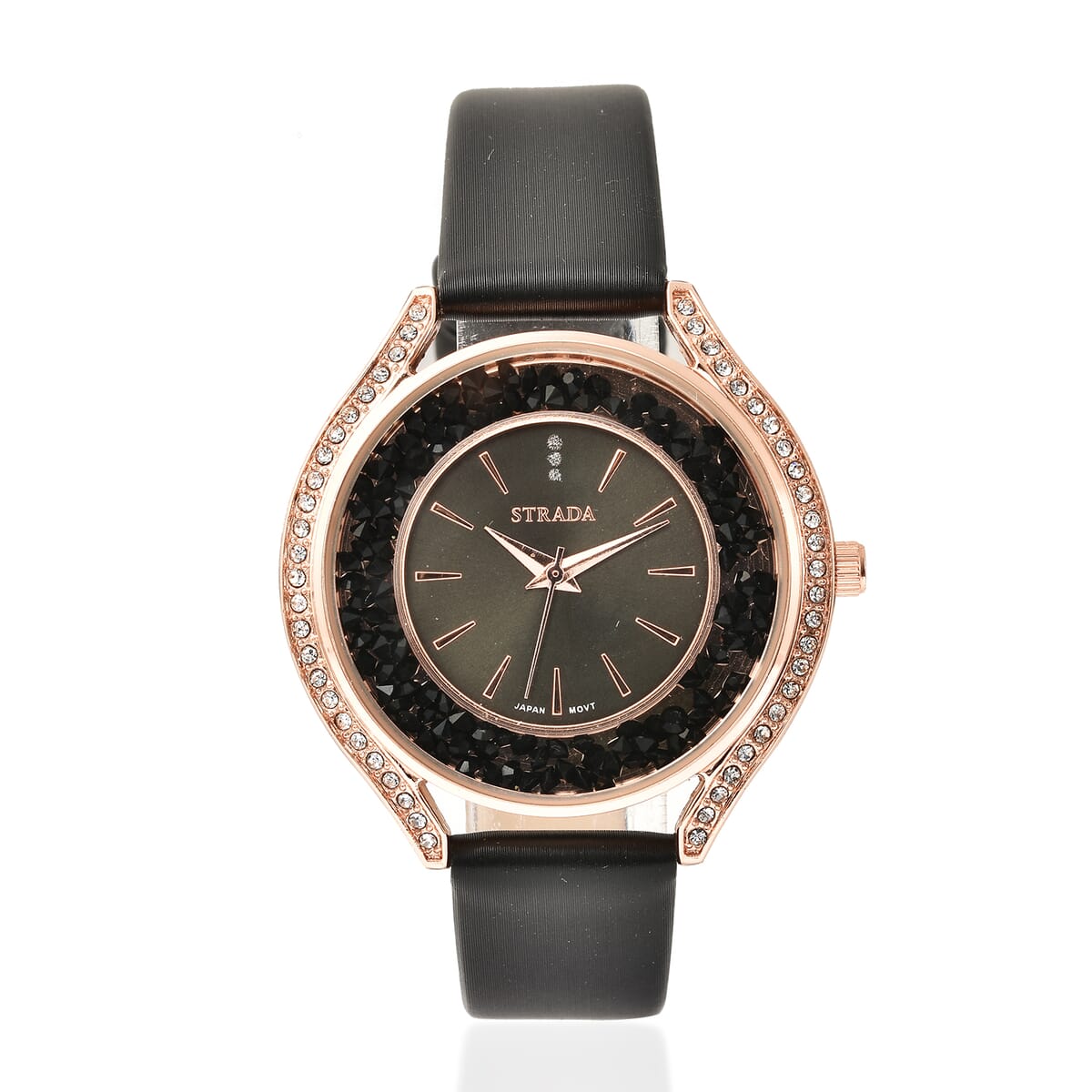 STRADA Japanese Movement Black and White Austrian Crystal, Heart Stardust Watch with Black Vegan Leather Strap (40mm) image number 0