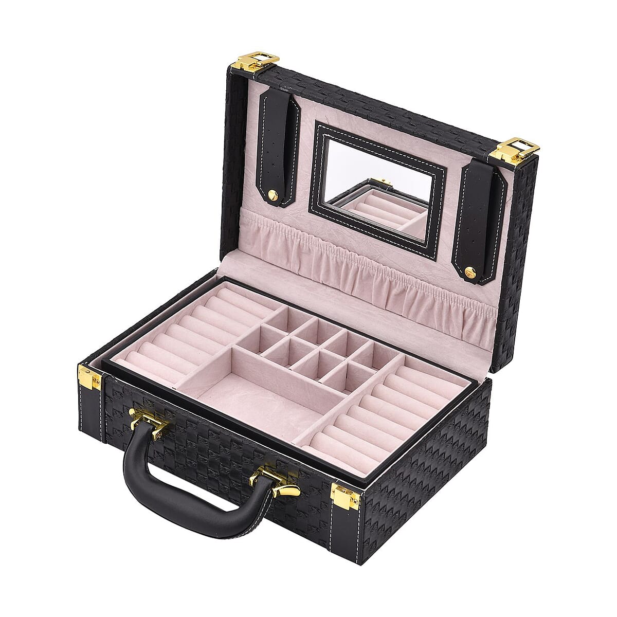 Buy Black Faux Leather Woven Texture 2 Layer Briefcase Jewelry Box