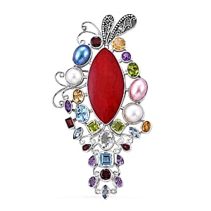 Bali Legacy Red Coral, Multi Gemstone Floral Brooch in Sterling Silver 21.35 ctw
