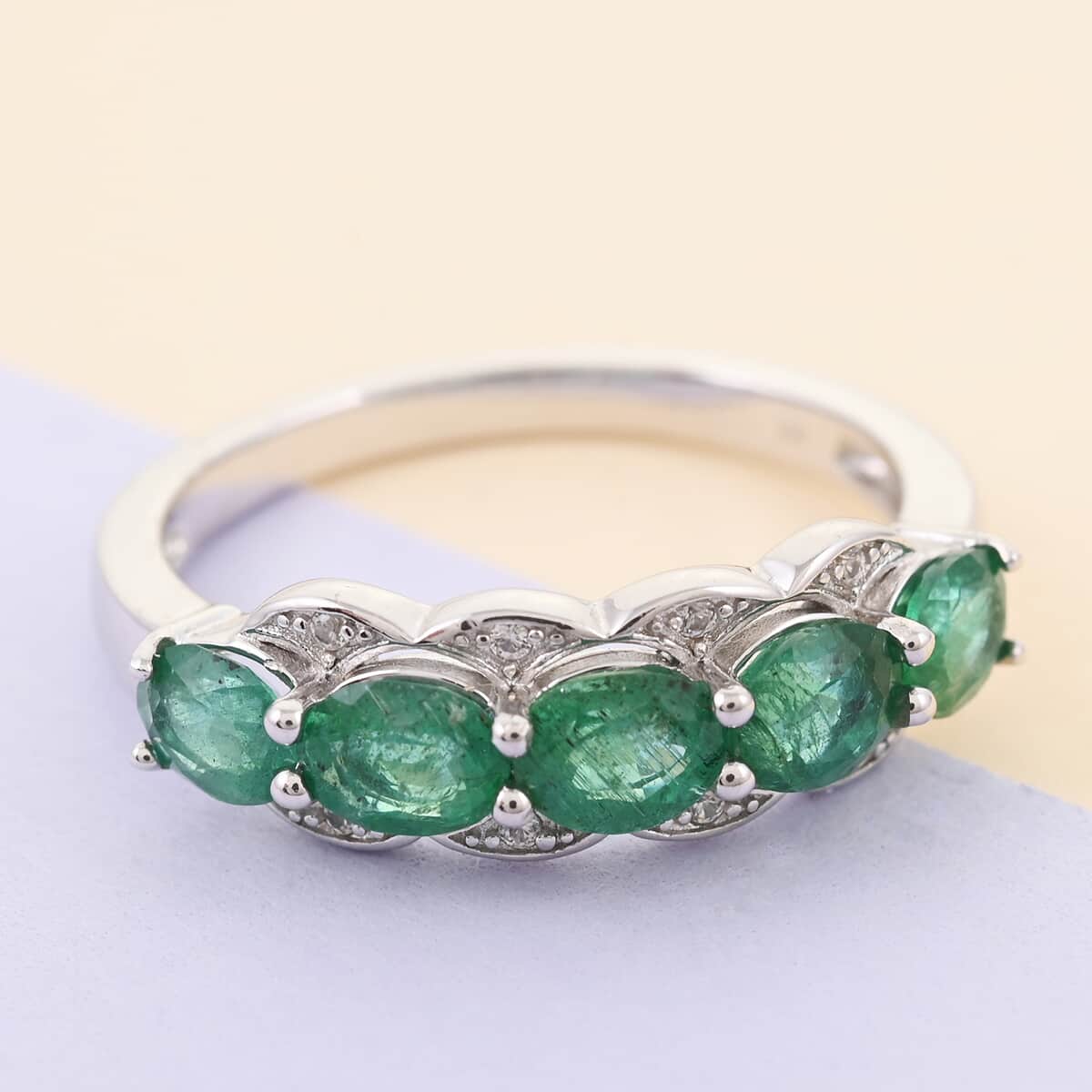 AAA Kagem Zambian Intense Green Emerald and Natural White Zircon Line Ring in Rhodium Over Sterling Silver (Size 8.0) 1.75 ctw image number 1