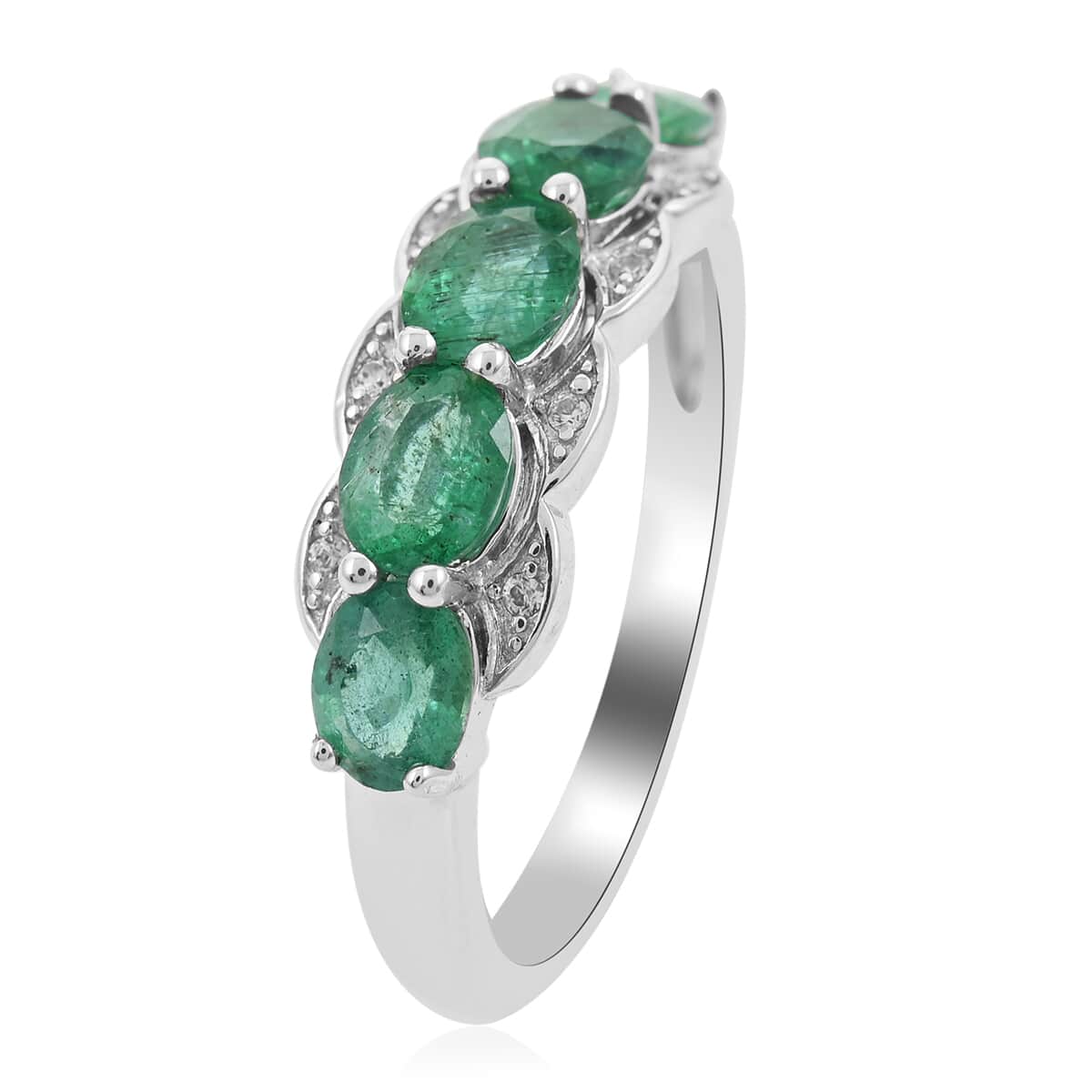 AAA Kagem Zambian Intense Green Emerald and Natural White Zircon Line Ring in Rhodium Over Sterling Silver (Size 8.0) 1.75 ctw image number 3
