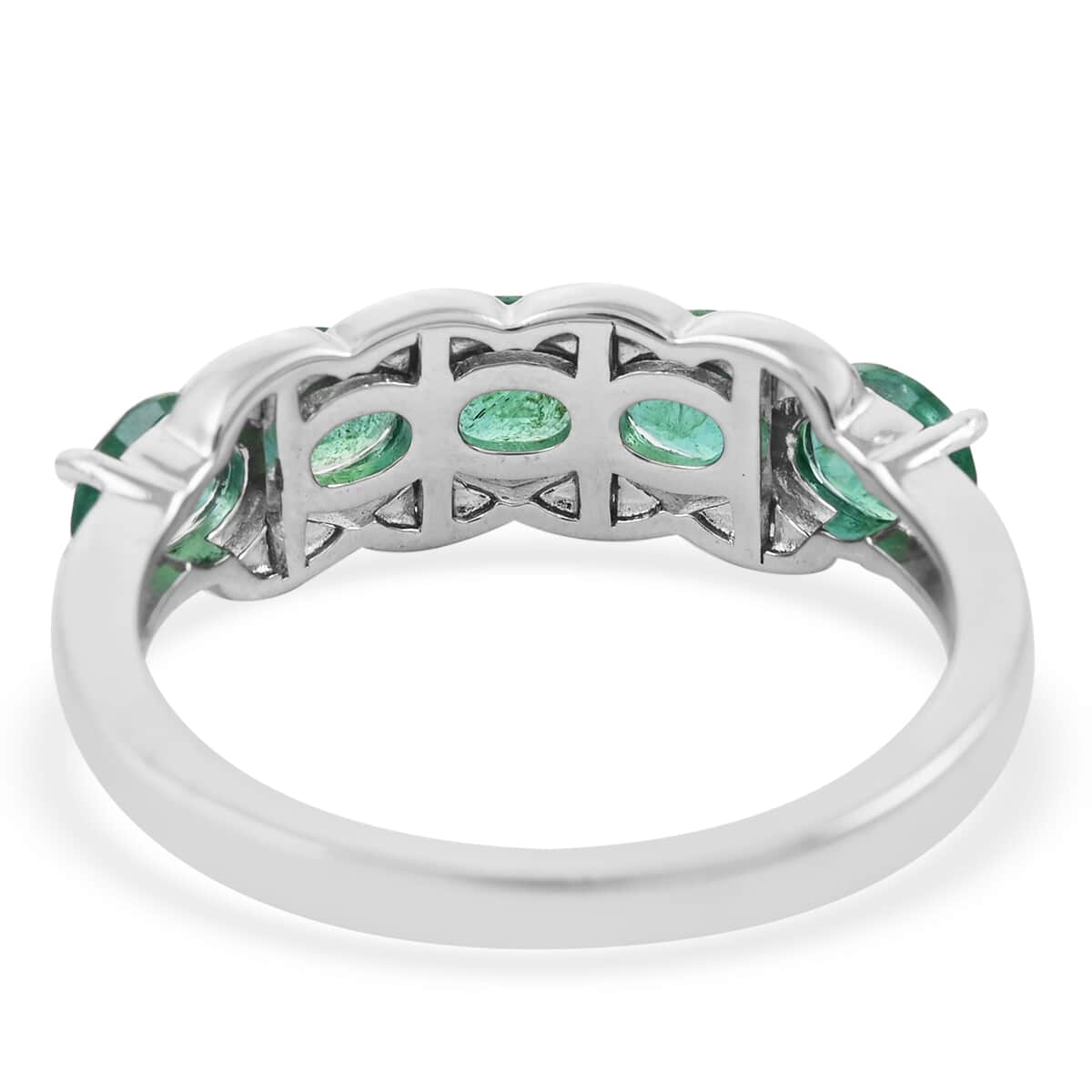 AAA Kagem Zambian Intense Green Emerald and Natural White Zircon Line Ring in Rhodium Over Sterling Silver (Size 8.0) 1.75 ctw image number 4