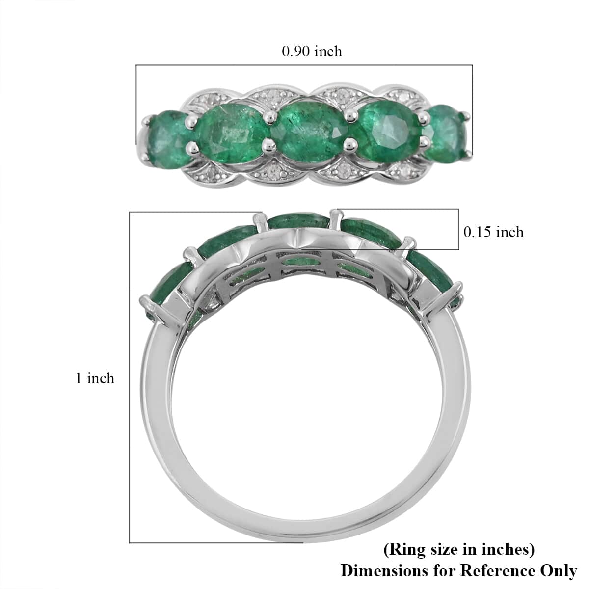 AAA Kagem Zambian Intense Green Emerald and Natural White Zircon Line Ring in Rhodium Over Sterling Silver (Size 8.0) 1.75 ctw image number 5