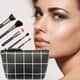 Black & White Vegan Leather Cosmetic Bag with Matte Black Makeup Brushes image number 1