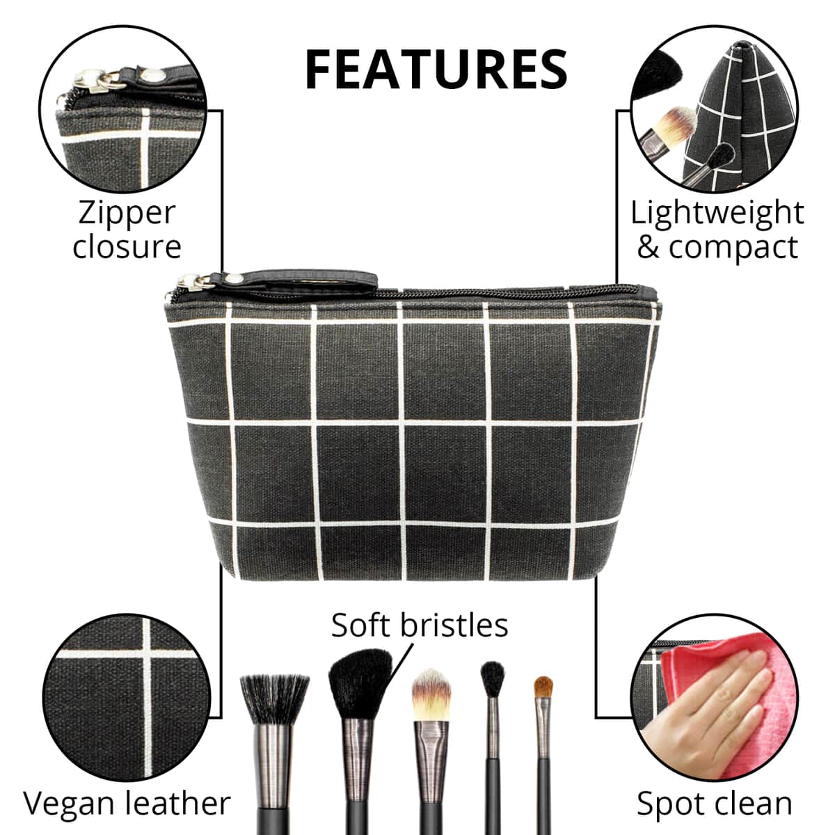 Black & White Vegan Leather Cosmetic Bag with Matte Black Makeup Brushes image number 2